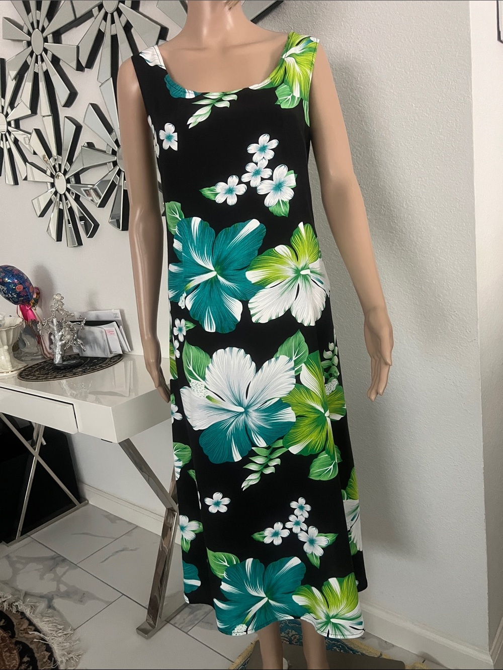 CATHERINE MALANdRINO Black Floral Maxi Dress with Green & Teal Blooms,size S